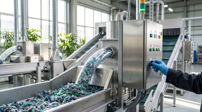 Industrial machine processing recycled plastic materials in factory, waste management automation, circular economy production line, sustainable manufacturing process, eco-friend...