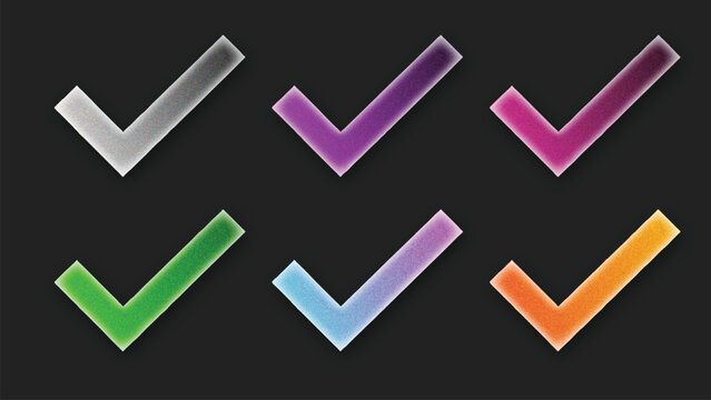 Glossy check mark icons set, colorful glass tick symbols on dark background, 6 3D checkmark elements for web interface and task completion