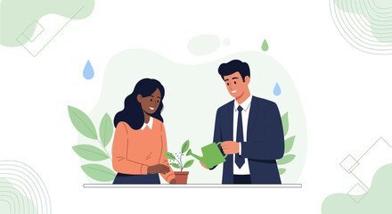 Fototapeta premium Diverse business partners nurturing growth: Man waters plant, woman observes; concept of teamwork, development, and investment.
