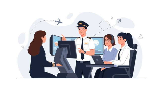 Diverse Aviation Team Collaborating in Air Traffic Control Simulation