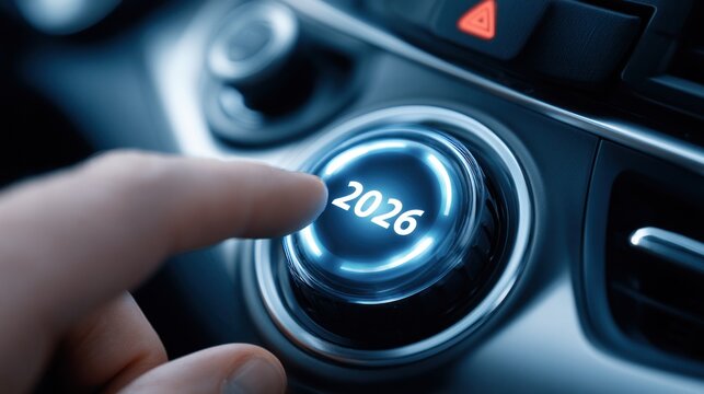 Finger pressing 2026 start button in car interior