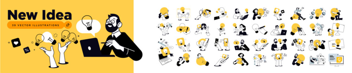 Fototapeta na wymiar New idea. Set of vector illustrations of big idea, startup, creative and business idea, tips, brainstorming, project development, innovative solutions, product and service launch.