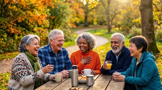 Senior friends laughing together at picnic table in autumn park