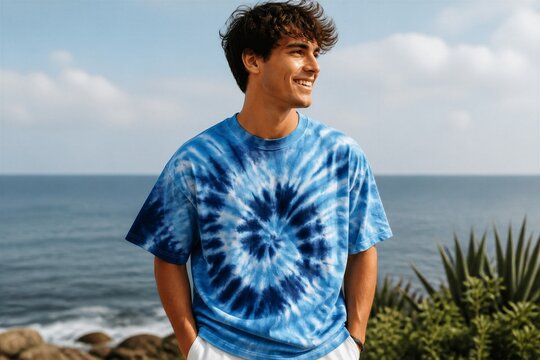 Young man smiling on coastline wearing tie dye shirt