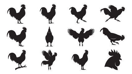 Rooster Silhouette Vector Set, Farm Poultry Chicken © Art Corner