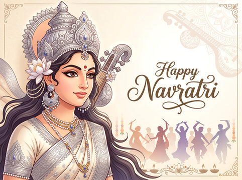 Horizontal festive banner featuring a stylized half-portrait of Goddess Saraswati with veena and pastel-cream palette on pure white background