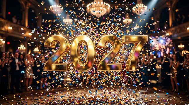 Spectacular happy new year 2027 celebration golden numbers amidst confetti and joyful partygoers