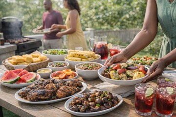 Obraz premium Outdoor backyard barbecue with diverse food spread and people enjoying