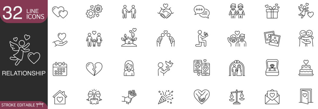 Relationship and romance line icon vector set featuring marriage, dating, love concepts, and couple connections with editable stroke.