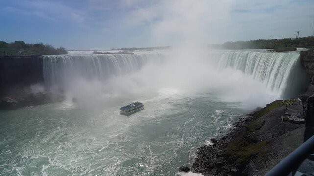 View of the Horseshoe Falls with Maid of the Mist tour boat from Horseshoe Falls Lookout on a sunny day, Niagara Falls, Ontario, Canada, North America