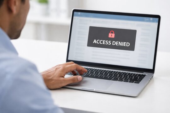 Access denied screen on laptop held by person, tech job cuts concept