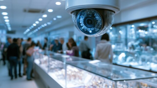 Security camera monitoring shoppers in a jewelry store