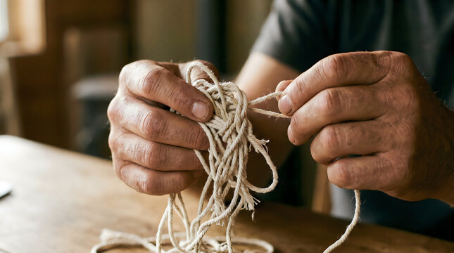 Close-up of weathered hands untangling a messy knot of rope