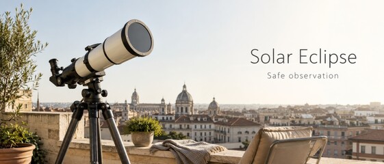 Naklejka premium Telescope on a balcony in Europe set for solar eclipse watching, banner with copy space