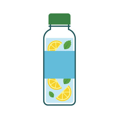 Isolated water bottle with lemon slices and mint leaves, light blue label, green cap, refreshing summer drink concept © Musriyah