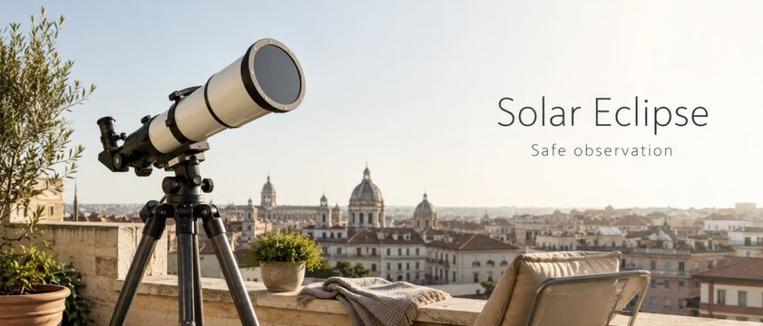 Telescope on a balcony in Europe set for solar eclipse watching, banner with copy space