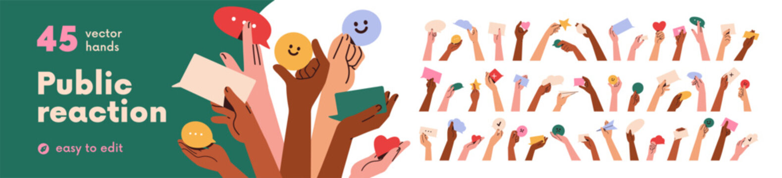 Hands holding speech bubbles, emoji, heart, message set. Communication, giving opinion and sharing feedback. Abstract comments, reviews and ideas. Flat vector illustration isolated on white background