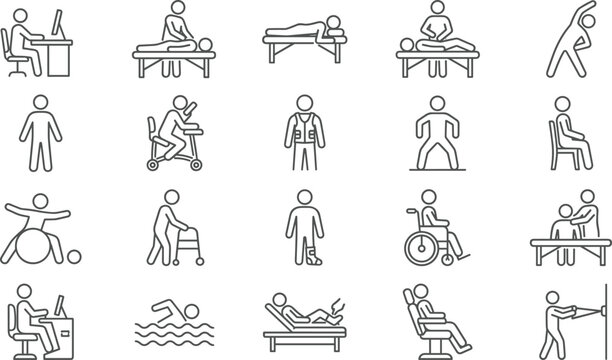 Physical therapy and rehabilitation line icons set including massage exercise chiropractic treatment wheelchair injury recovery vector