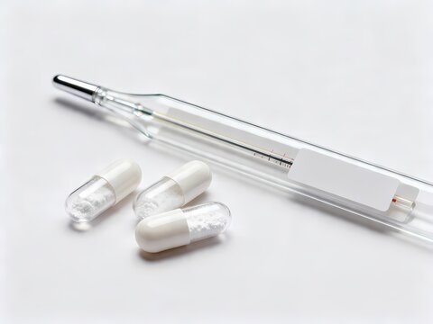 Close up of a clinical glass thermometer alongside several white capsules representing healthcare and medical diagnostic monitoring