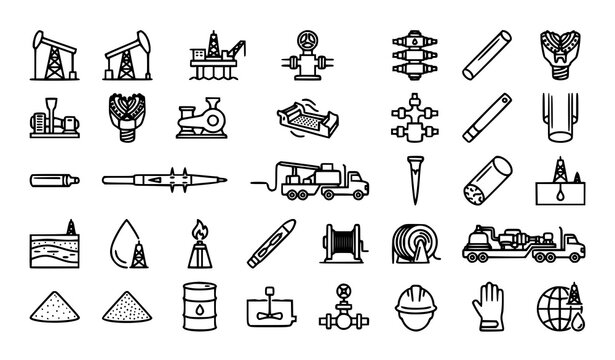 Oil and gas extraction outline icons collection | Drilling rig pumpjack platform petroleum editable stroke illustration on white