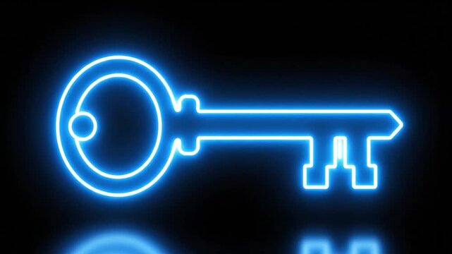 A glowing blue neon key shines on a dark background