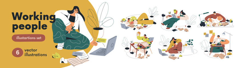 Creative people at work set. Designers, script writers and copywriters taking notes on scattered papers, at laptop, working on ideas, content. Flat vector illustrations isolated on white background