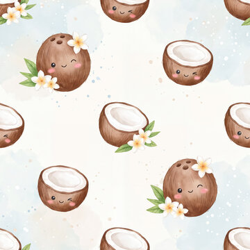 Cute kawaii coconut watercolor seamless pattern with tropical flowers