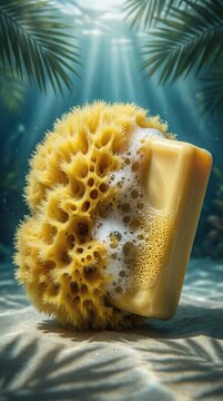 Natural sea sponge and soap bar under tropical underwater light rays