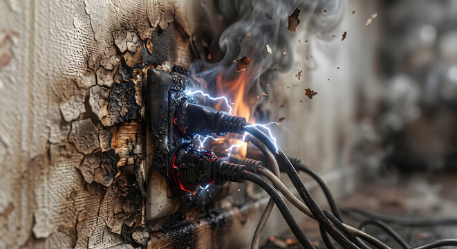 Electrical outlet overloaded with multiple plugs causes fire and smoke from short circuit.