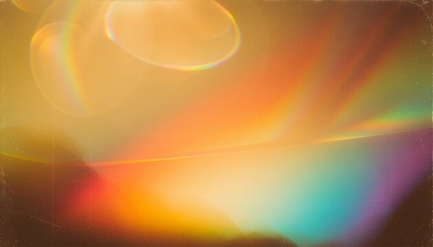  analog Film emulsion template. Vibrantly colored rainbow light streaks refract across a tWarm vintage gradient blends rainbow light leaks and soft grain across glowing orange, teal, and violet tones.