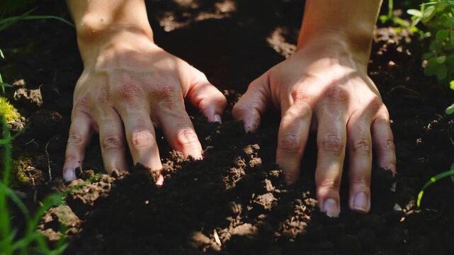 Placing palms on soil, person's bare hands raking and smoothing backyard garden bed for planting