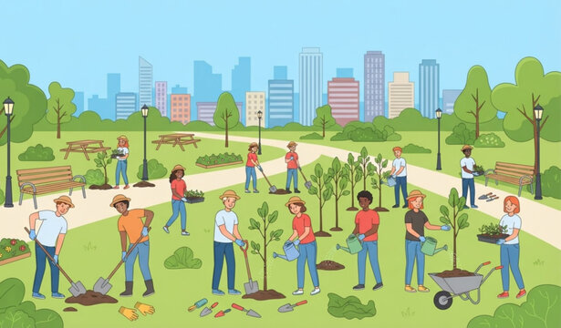 Environmental community gardening with tree planting isolated on white background flat vector illustration