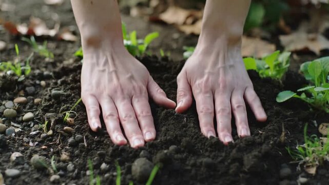 Placing bare forearms, pressing and smoothing soil in garden bed, preparing plot for seedlings
