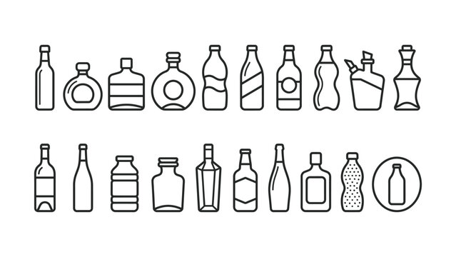 Line art collection of various empty plastic and glass bottles
