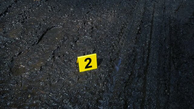 Yellow forensic evidence marker with the number two placed on a wet, muddy road next to a footprint and tire tracks during a criminal investigation, marking important clues at the scene of a crime