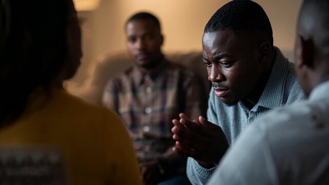 Leaning male in light-gray sweater speaking, gesturing in living room, seeking support by sofa lamp