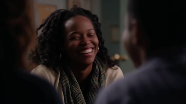 Smiling laughing woman reacting to friend remark at home, in cream sweater green scarf hoops