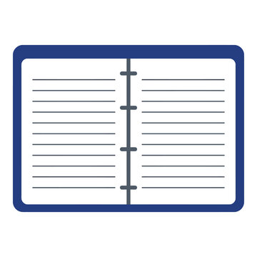 Open notebook with blank lined pages and blue binder rings, simple icon
