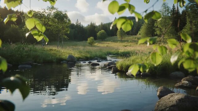 Framing leafy branches, camera widening view revealing shallow stream and sunlit meadow reflection