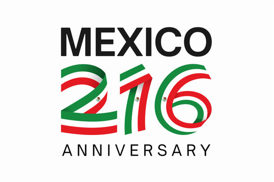 Modern 216th anniversary typography design celebrating Mexico Independence Day 16 September 2026 (D&iacute;a de la Independencia) with ribbon-style numbers in patriotic national flag colors. 