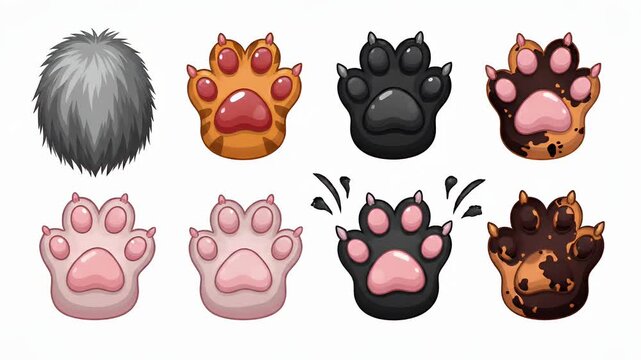 Collection of animated animal paws and fuzzy balls, cute cartoon style icons, ideal for playful designs