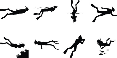 Scuba Diver Silhouette Collection with Underwater Swimming, Diving, Exploration, and Marine Adventure Poses © Mokshad Ali