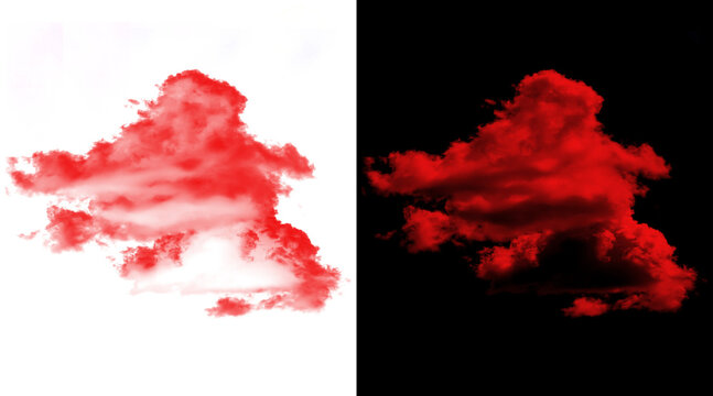 Vibrant red cloud isolated on white and black backgrounds, dramatic crimson smoke texture, surreal scarlet cumulus cloud for creative design