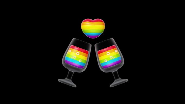 Two Glasses Toasting with Rainbow Fizz and Floating Pride Heart