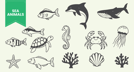Obraz premium Sea Animals and Marine Life Line Art Icon Set, Ocean Underwater Creatures Elements, Dolphin, Whale, Sea Turtle, Crab, Seahorse, Jellyfish, Coral Reef, and Seashell Outline Vector Illustration