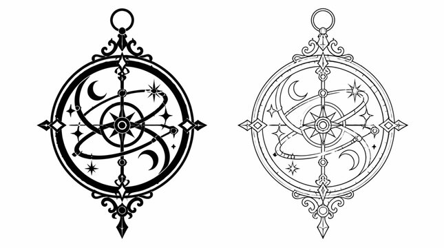 Celestial Compass Pendant Design, Magical Astrological Illustration