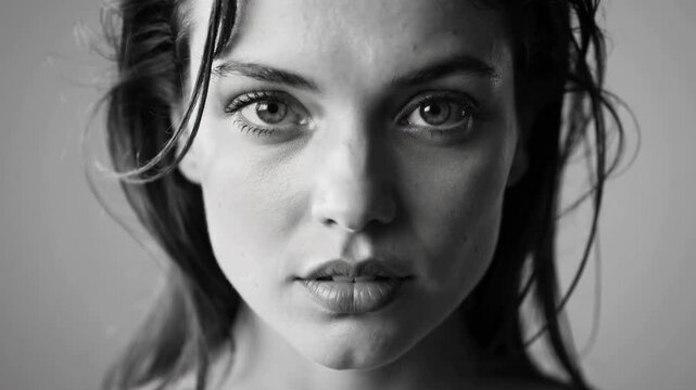 Recording starting, model holding gaze, making shifts for studio shot with damp hair bare shoulders