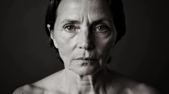 Showing senior woman holding gaze as frames starting in studio, closing eyes with soft-lit backdrop