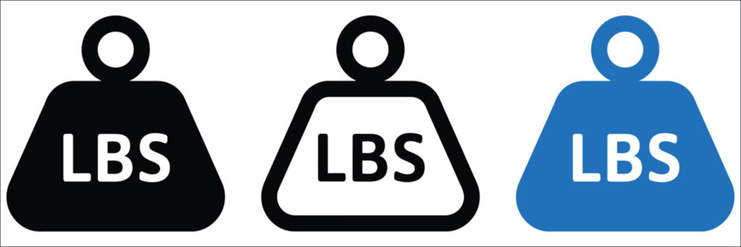 Weight icons with LBS pound measurement, fitness tracking, gym workout, strength training, and body weight monitoring elements, vector, designs