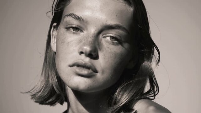 Camera starting model tilting head posing in studio with bare shoulders, keylight showing freckles